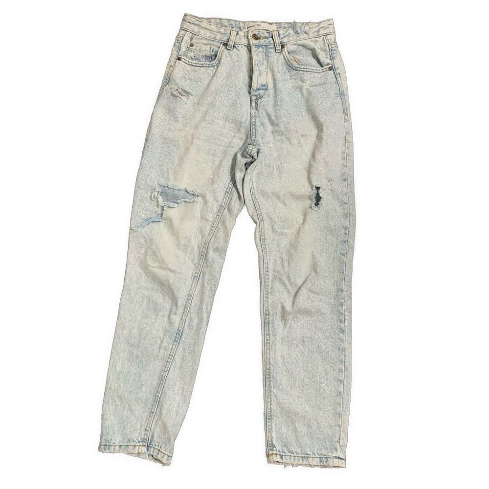 stradivarius ASOS High Rise Waist Light Blue Distressed Mom Jeans Denim 2 Xs